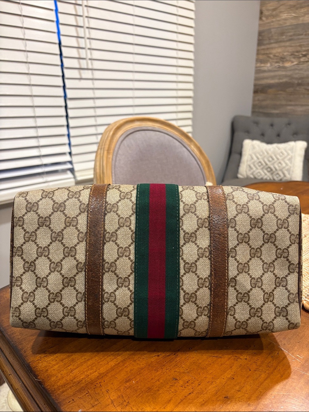 Gucci Brown Monogram Boston Bag with Green and Red Stripe - Picture 6 of 14